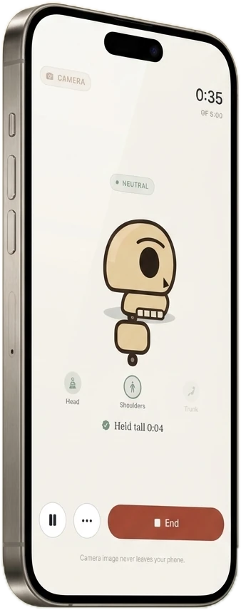 Plumb camera session on iPhone — a living figure mirroring head, shoulders and trunk