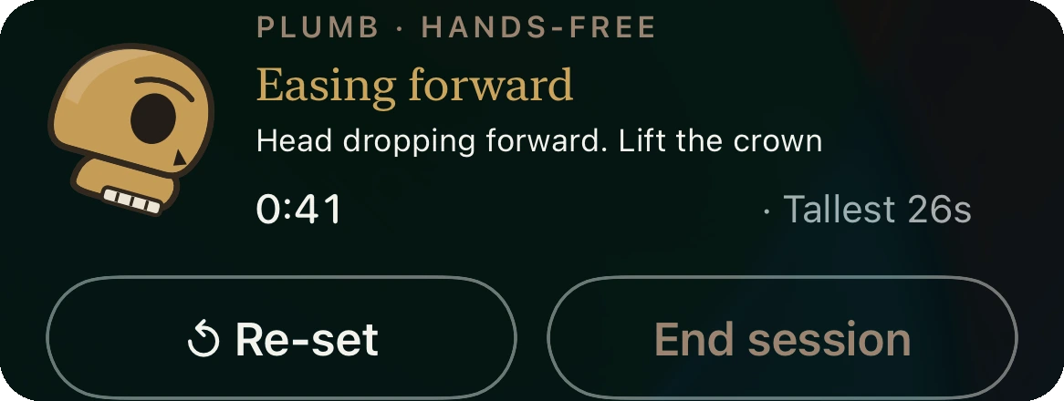 Plumb Live Activity on the Lock Screen — coaching word, elapsed time, Re-set and End session