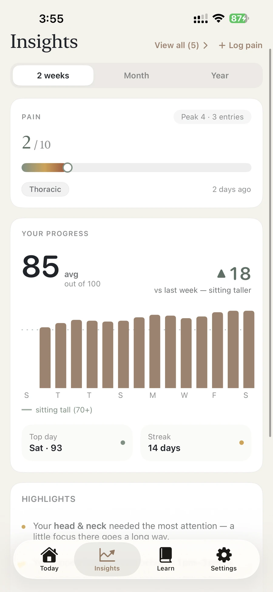 Plumb Insights on iPhone — a big average posture score, an honest signed change, daily bars and a streak
