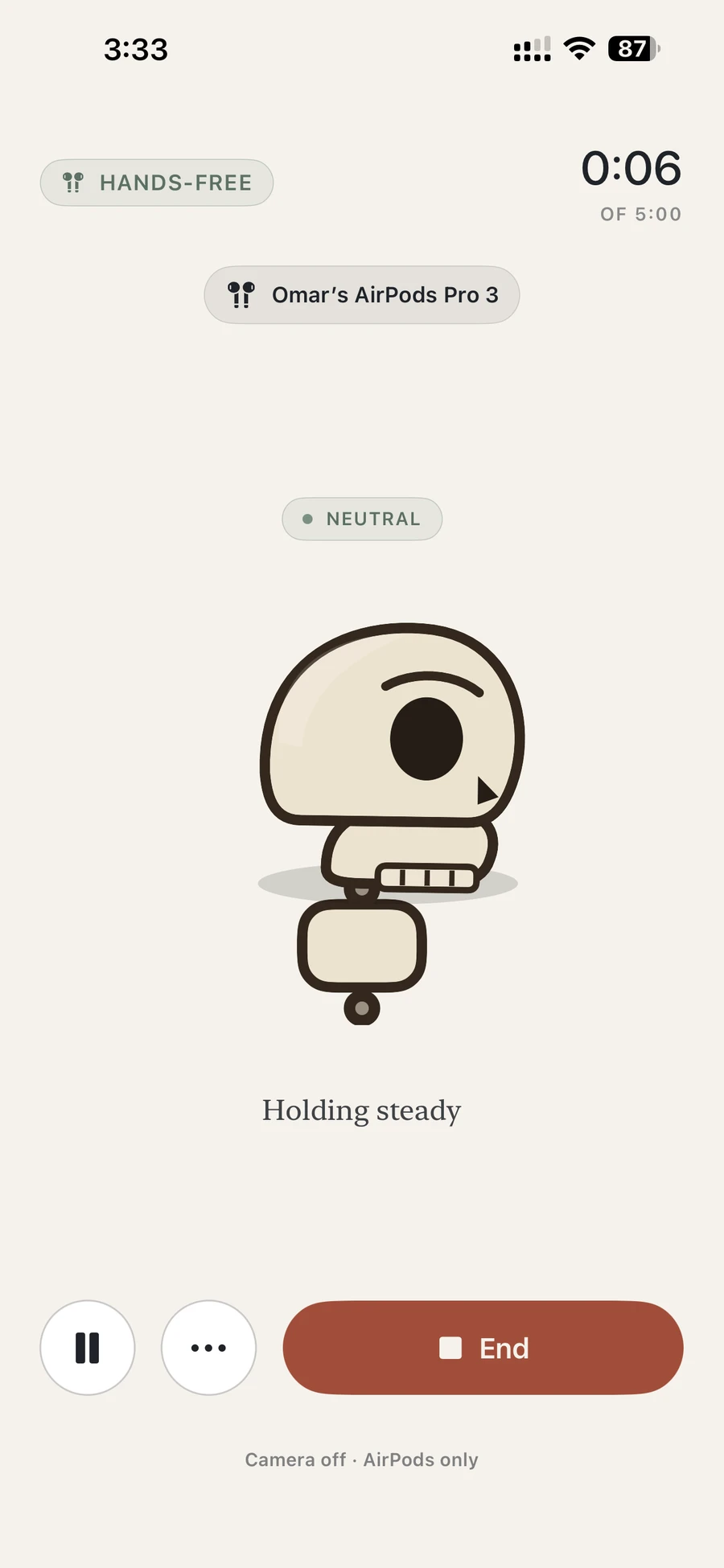 Plumb hands-free session on iPhone — the living figure holding steady